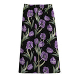 Purple Watercolor Tulip Pattern Print Cotton Front Slit Maxi Skirt