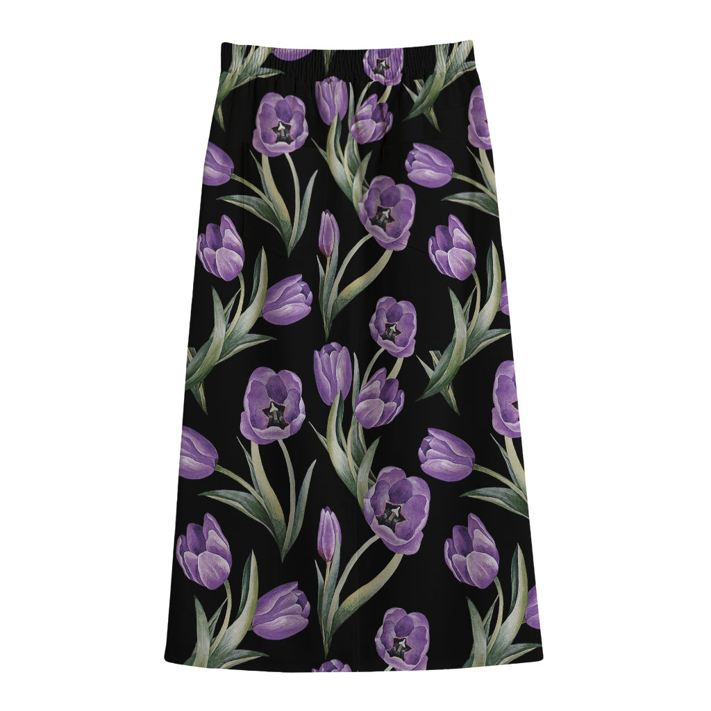 Purple Watercolor Tulip Pattern Print Cotton Front Slit Maxi Skirt