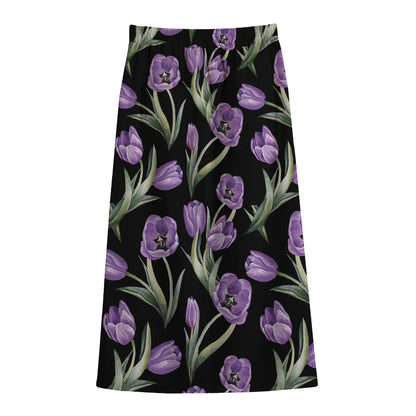 Purple Watercolor Tulip Pattern Print Cotton Front Slit Maxi Skirt