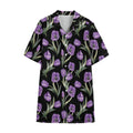 Purple Watercolor Tulip Pattern Print Cotton Hawaiian Shirt