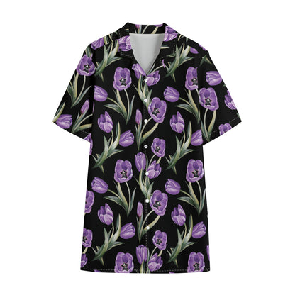 Purple Watercolor Tulip Pattern Print Cotton Hawaiian Shirt
