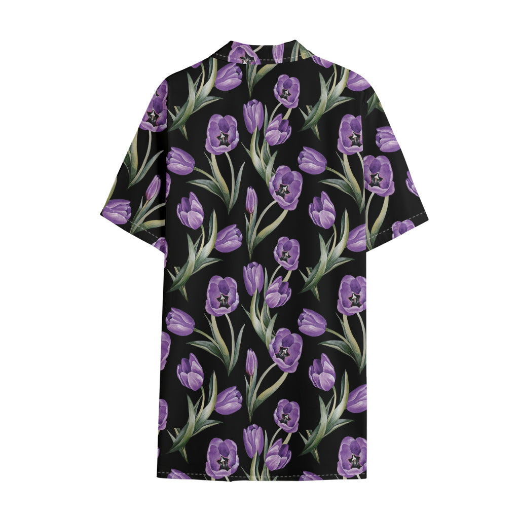 Purple Watercolor Tulip Pattern Print Cotton Hawaiian Shirt