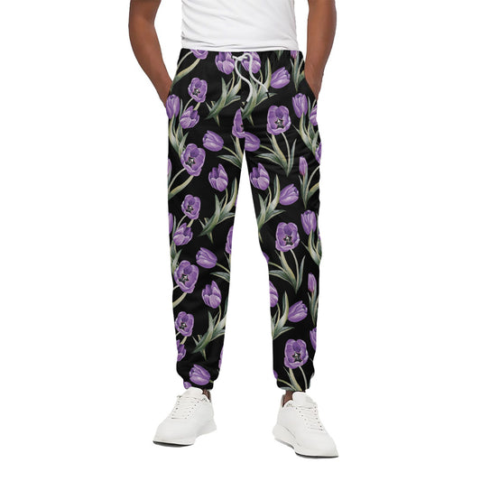 Purple Watercolor Tulip Pattern Print Cotton Pants