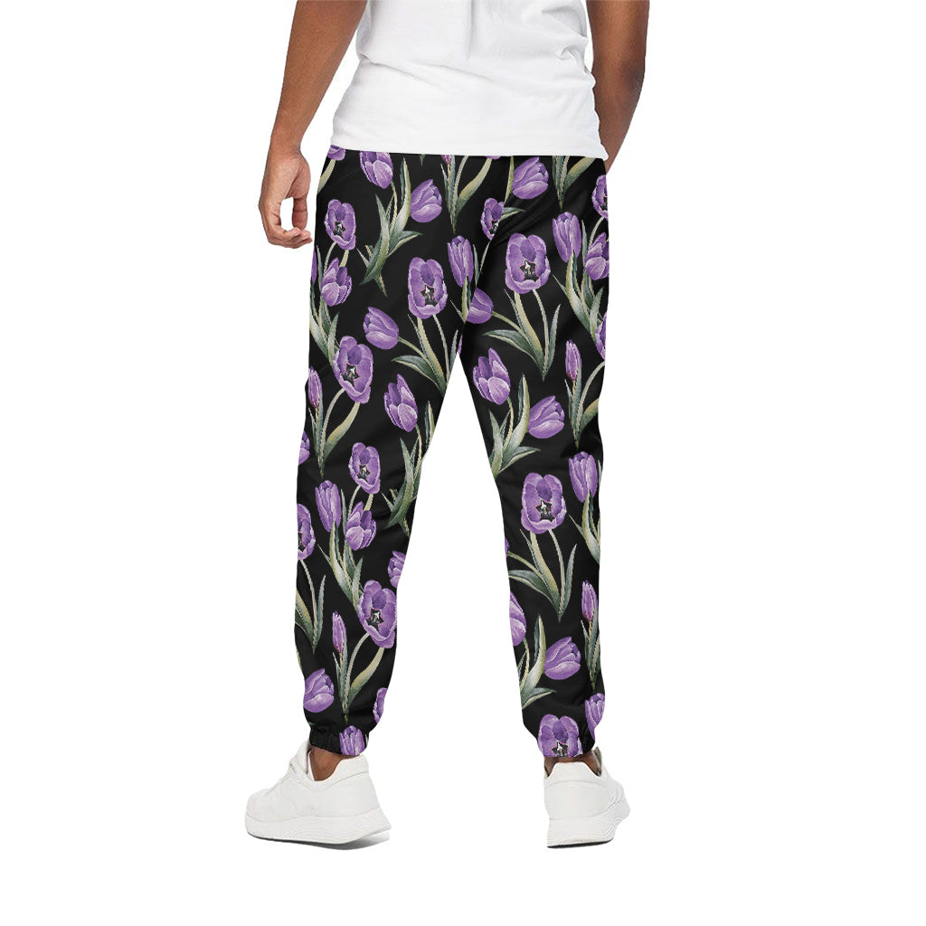 Purple Watercolor Tulip Pattern Print Cotton Pants
