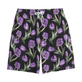 Purple Watercolor Tulip Pattern Print Cotton Shorts