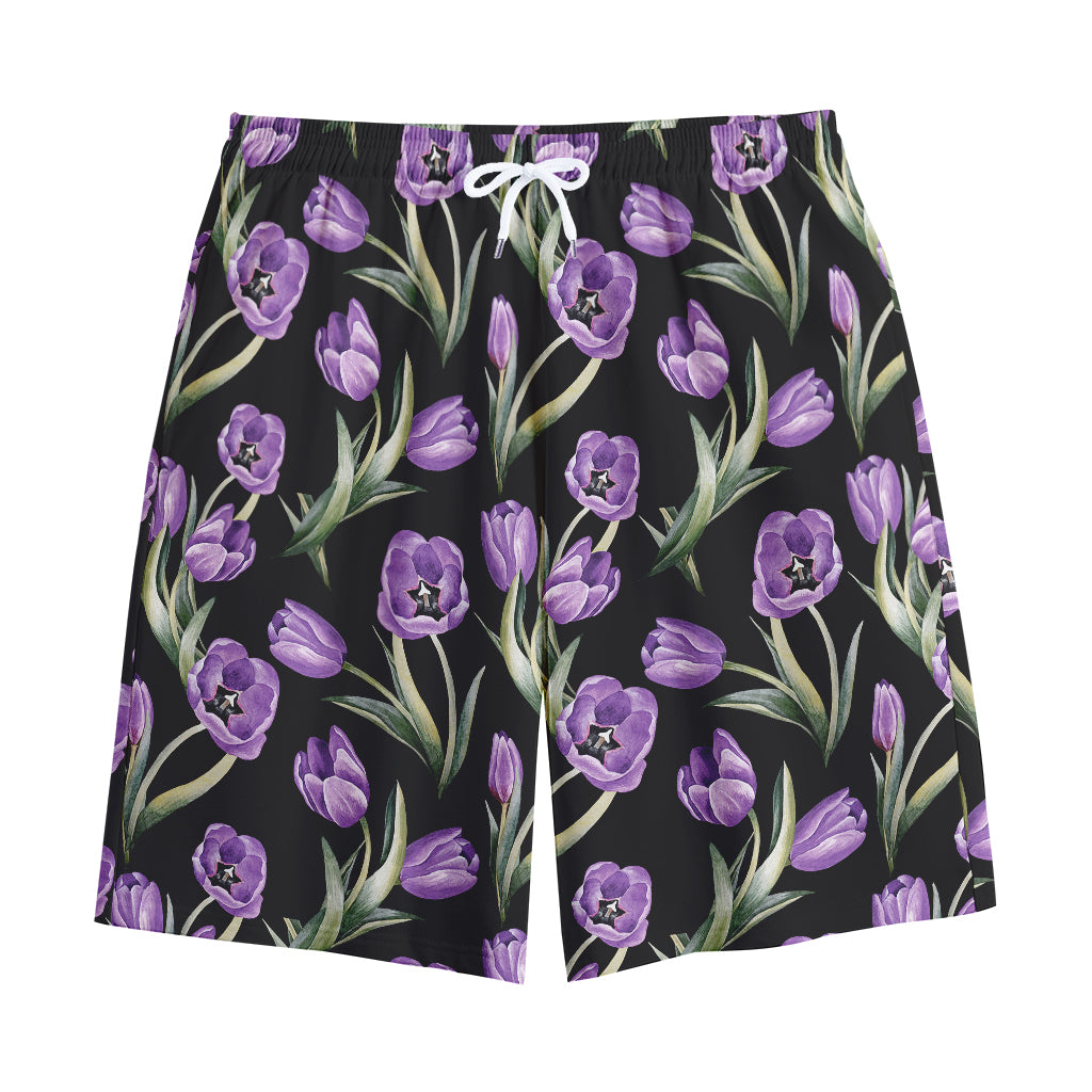 Purple Watercolor Tulip Pattern Print Cotton Shorts