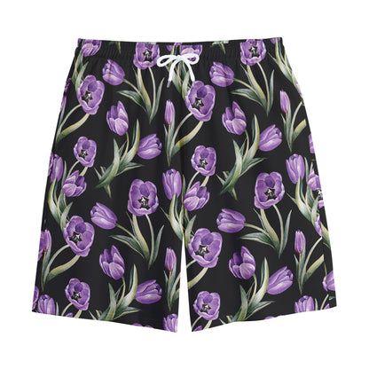 Purple Watercolor Tulip Pattern Print Cotton Shorts