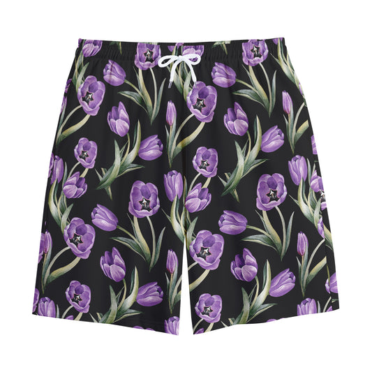 Purple Watercolor Tulip Pattern Print Cotton Shorts