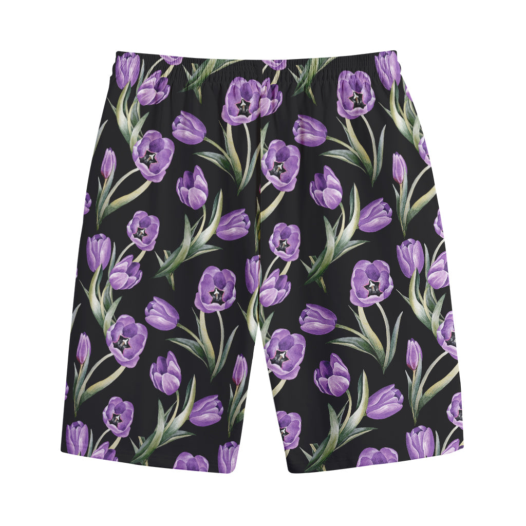 Purple Watercolor Tulip Pattern Print Cotton Shorts