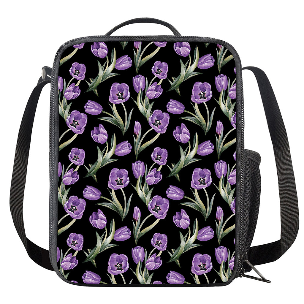 Purple Watercolor Tulip Pattern Print Crossbody Lunch Bag