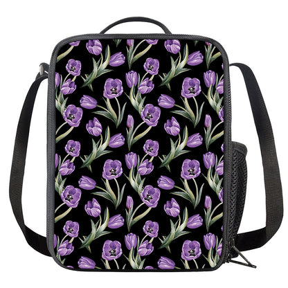 Purple Watercolor Tulip Pattern Print Crossbody Lunch Bag