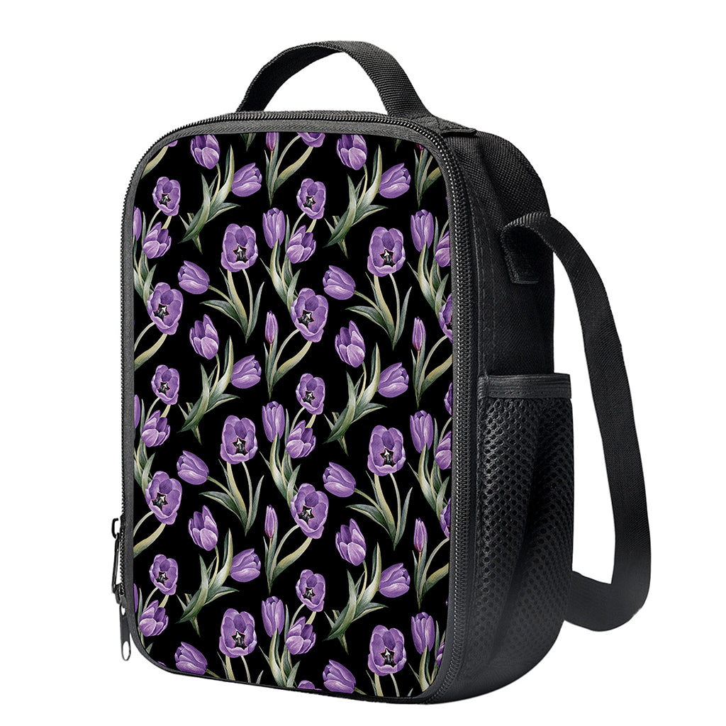 Purple Watercolor Tulip Pattern Print Crossbody Lunch Bag