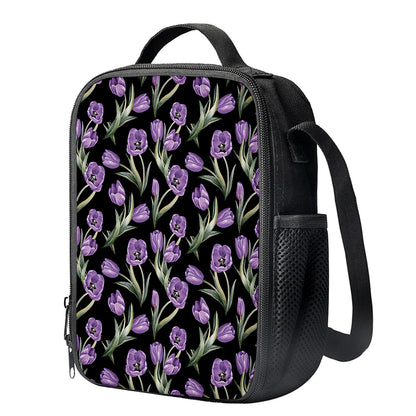 Purple Watercolor Tulip Pattern Print Crossbody Lunch Bag
