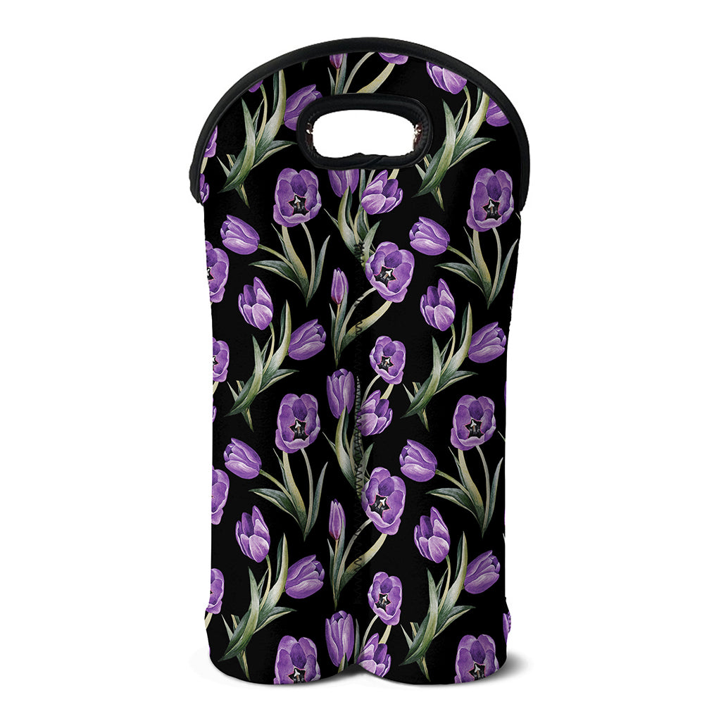 Purple Watercolor Tulip Pattern Print Double Neoprene Wine Tote