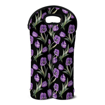 Purple Watercolor Tulip Pattern Print Double Neoprene Wine Tote