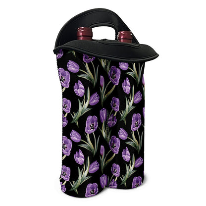 Purple Watercolor Tulip Pattern Print Double Neoprene Wine Tote