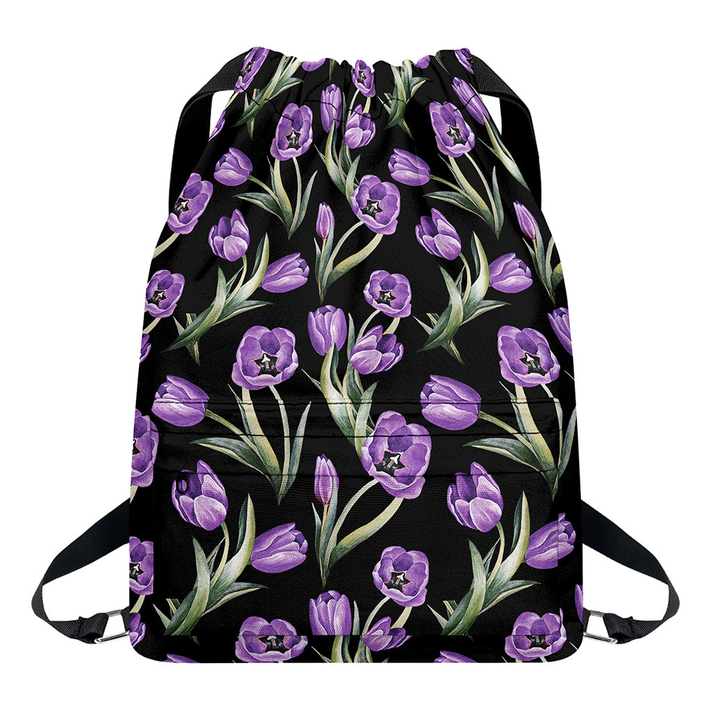 Purple Watercolor Tulip Pattern Print Drawstring Backpack