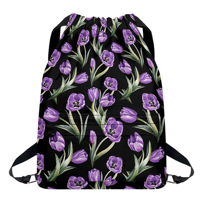 Purple Watercolor Tulip Pattern Print Drawstring Backpack