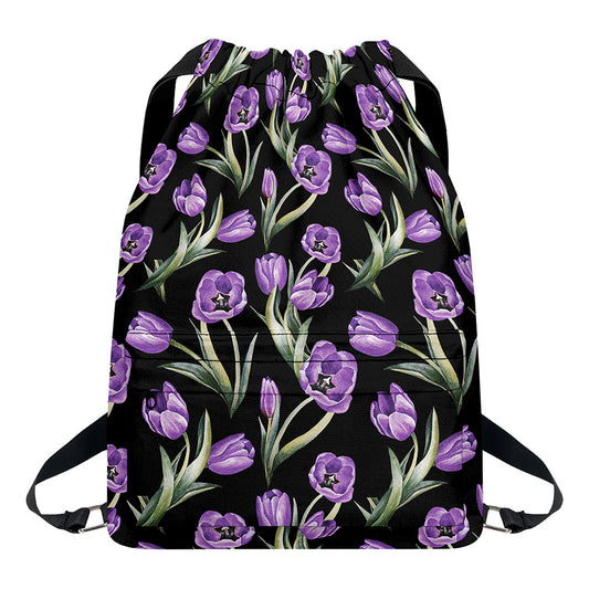 Purple Watercolor Tulip Pattern Print Drawstring Backpack