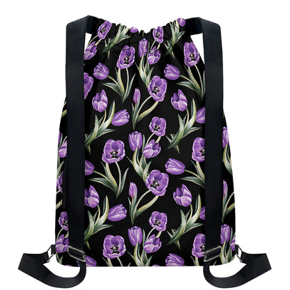 Purple Watercolor Tulip Pattern Print Drawstring Backpack