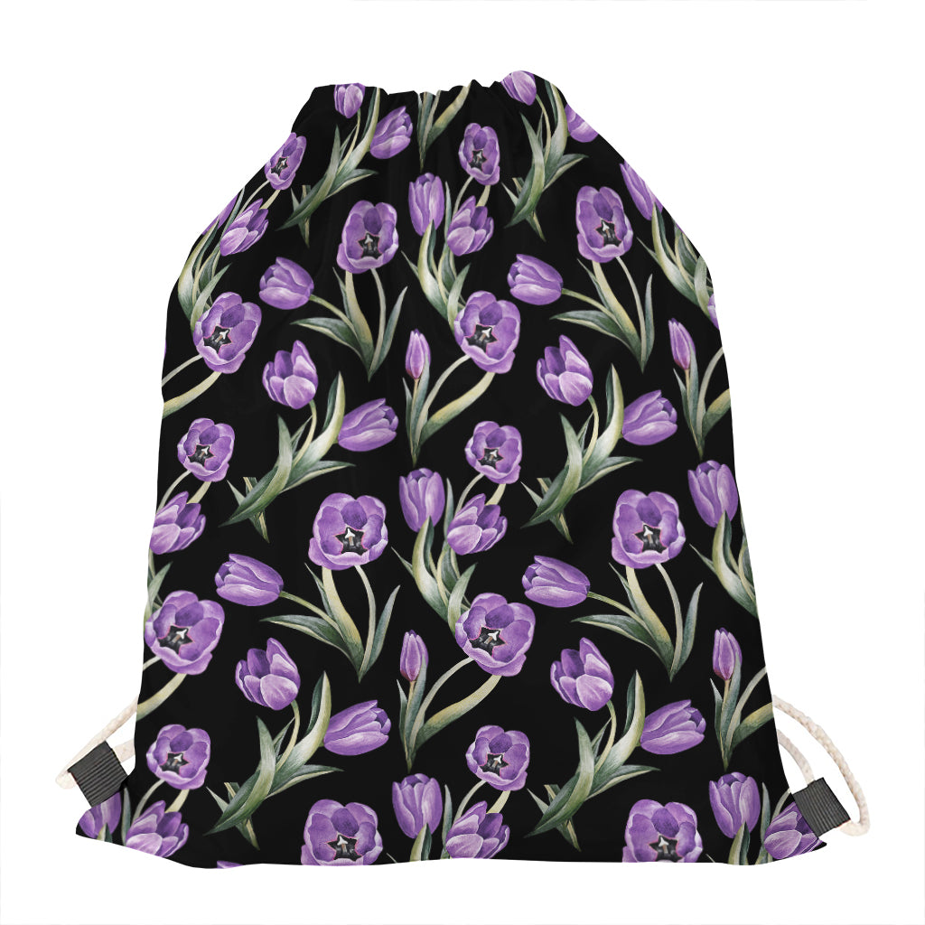 Purple Watercolor Tulip Pattern Print Drawstring Bag