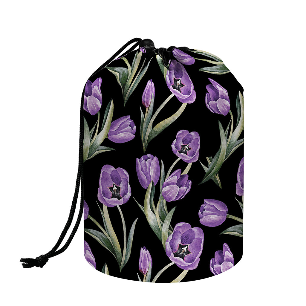 Purple Watercolor Tulip Pattern Print Drawstring Makeup Bag