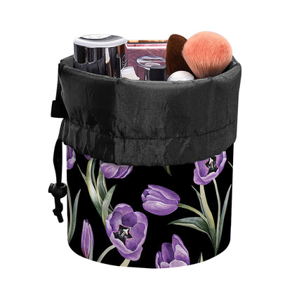 Purple Watercolor Tulip Pattern Print Drawstring Makeup Bag