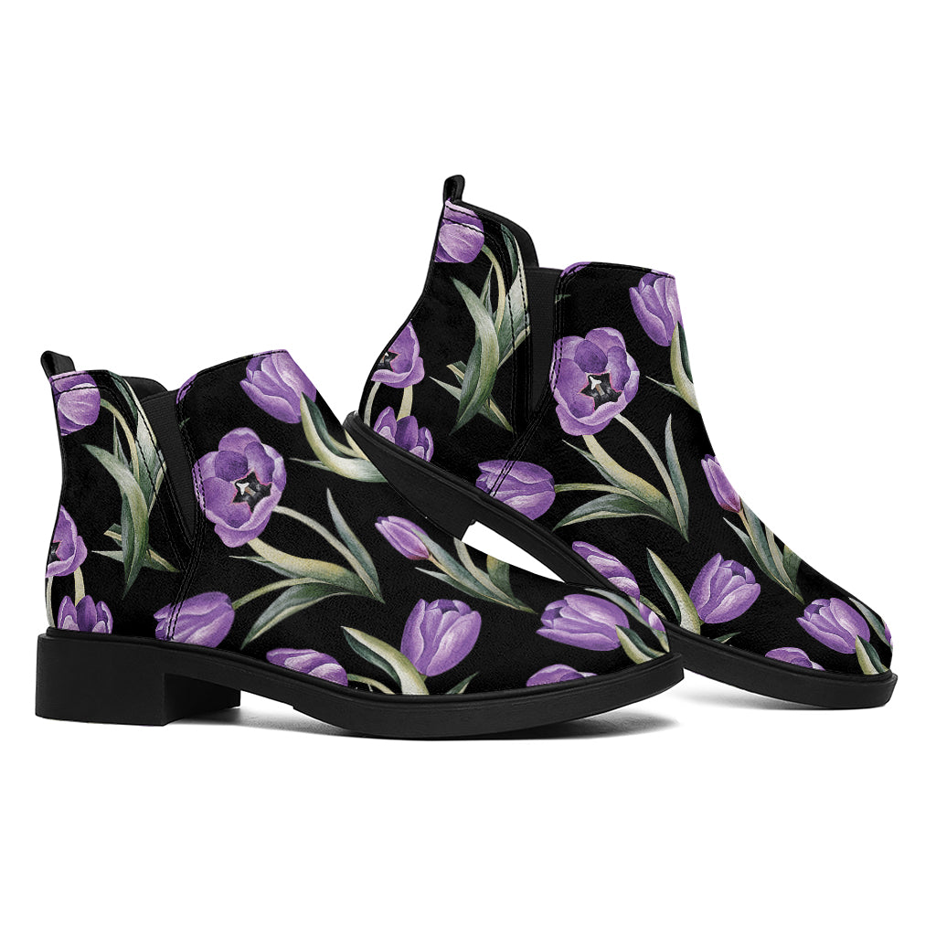 Purple Watercolor Tulip Pattern Print Flat Ankle Boots