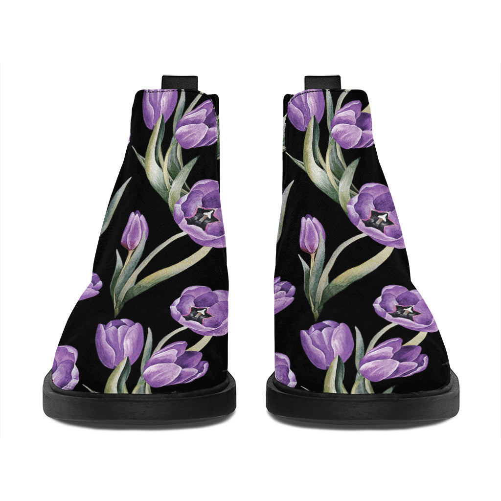 Purple Watercolor Tulip Pattern Print Flat Ankle Boots