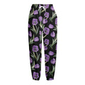 Purple Watercolor Tulip Pattern Print Fleece Lined Knit Pants