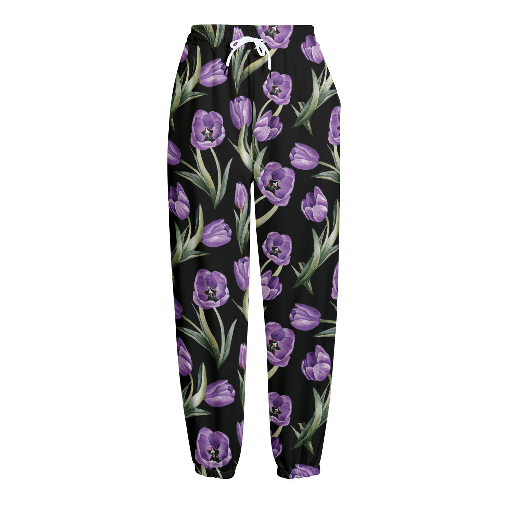 Purple Watercolor Tulip Pattern Print Fleece Lined Knit Pants