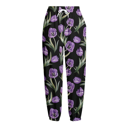 Purple Watercolor Tulip Pattern Print Fleece Lined Knit Pants