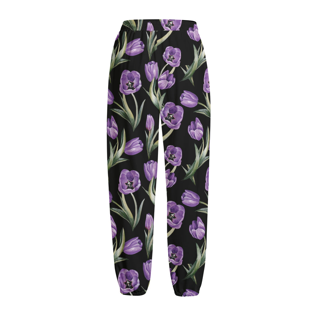 Purple Watercolor Tulip Pattern Print Fleece Lined Knit Pants