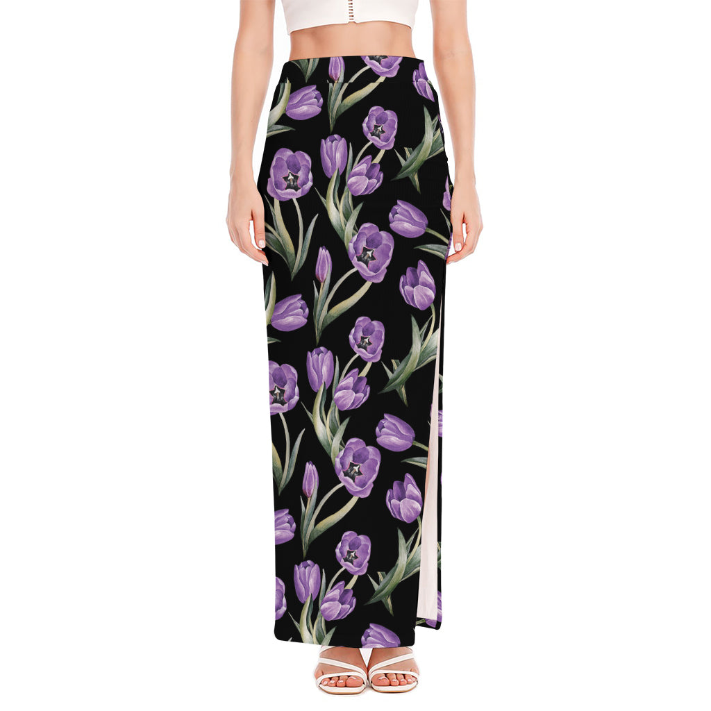 Purple Watercolor Tulip Pattern Print High Slit Maxi Skirt