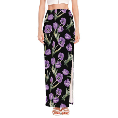 Purple Watercolor Tulip Pattern Print High Slit Maxi Skirt