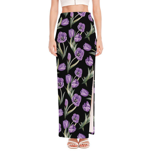 Purple Watercolor Tulip Pattern Print High Slit Maxi Skirt