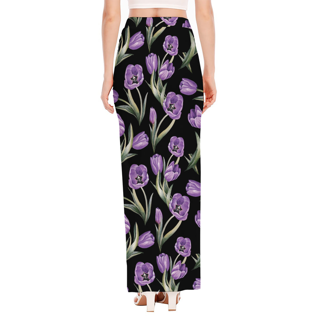 Purple Watercolor Tulip Pattern Print High Slit Maxi Skirt