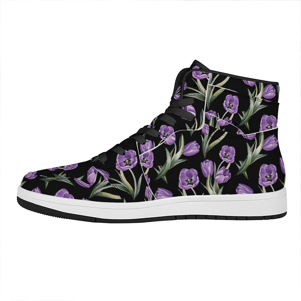 Purple Watercolor Tulip Pattern Print High Top Leather Sneakers