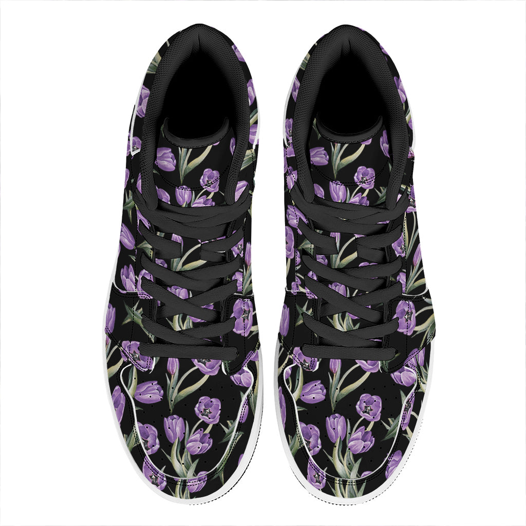 Purple Watercolor Tulip Pattern Print High Top Leather Sneakers