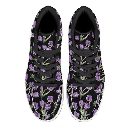 Purple Watercolor Tulip Pattern Print High Top Leather Sneakers