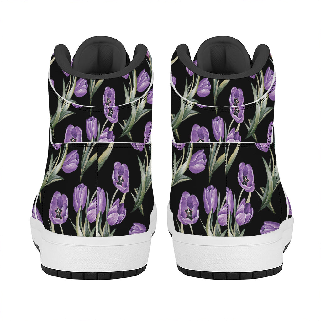 Purple Watercolor Tulip Pattern Print High Top Leather Sneakers