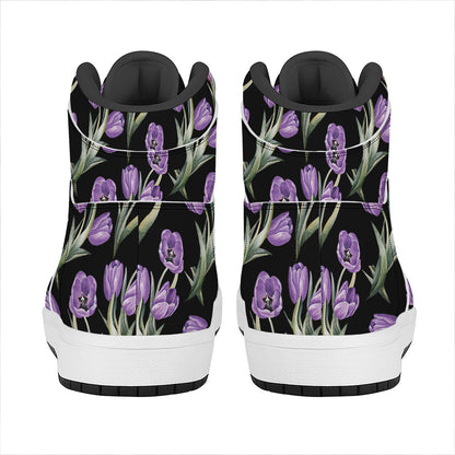 Purple Watercolor Tulip Pattern Print High Top Leather Sneakers