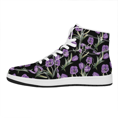 Purple Watercolor Tulip Pattern Print High Top Leather Sneakers