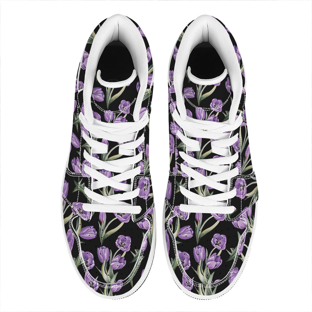 Purple Watercolor Tulip Pattern Print High Top Leather Sneakers