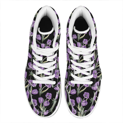 Purple Watercolor Tulip Pattern Print High Top Leather Sneakers