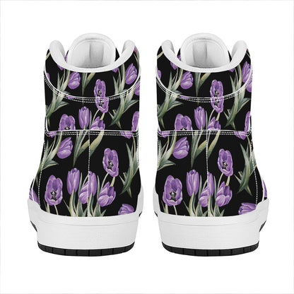 Purple Watercolor Tulip Pattern Print High Top Leather Sneakers