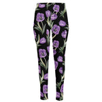 Purple Watercolor Tulip Pattern Print High-Waisted Pocket Leggings