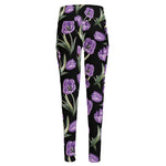 Purple Watercolor Tulip Pattern Print High-Waisted Pocket Leggings