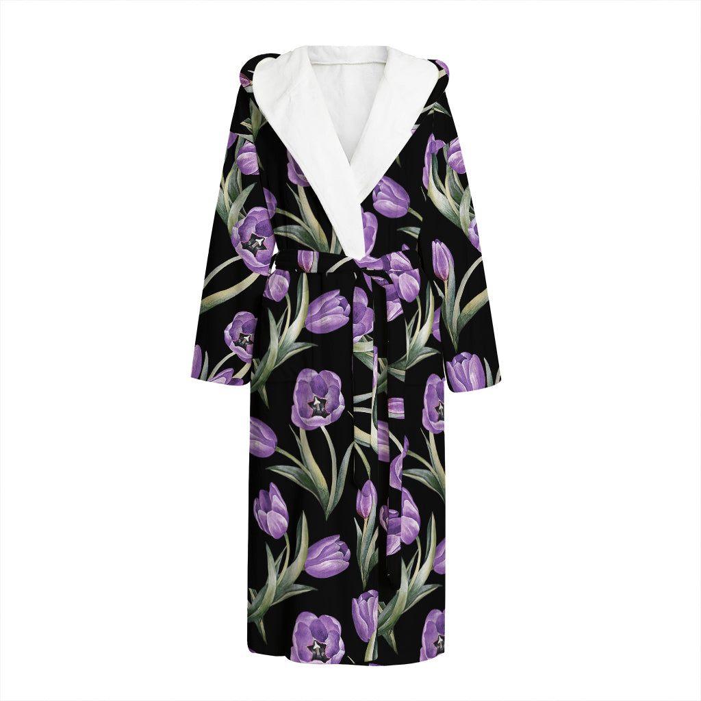 Purple Watercolor Tulip Pattern Print Hooded Bathrobe