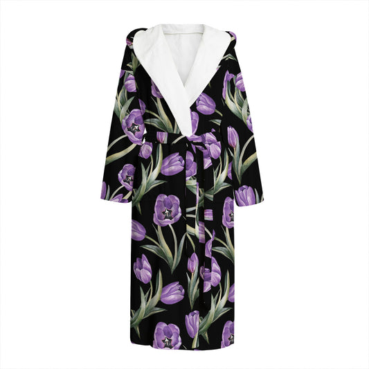 Purple Watercolor Tulip Pattern Print Hooded Bathrobe